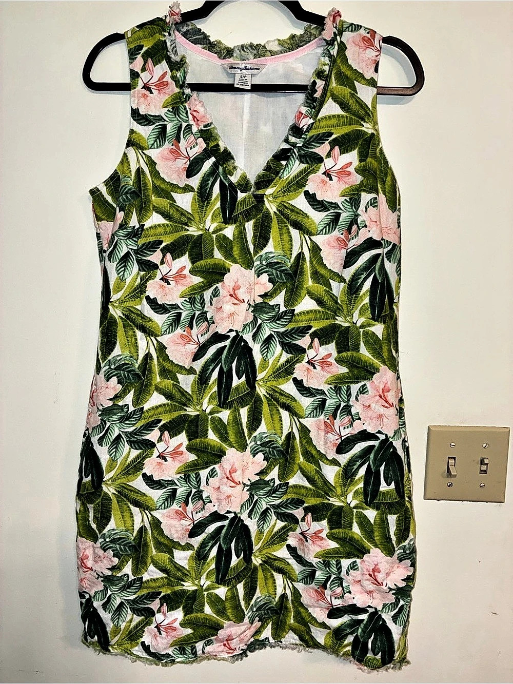 Tommy Bahama Two Palms Double-Ruffle Linen Dress Green & Pink Small